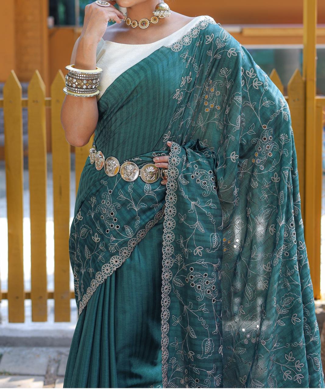 Women's Royal Prussian Blue Georgette Saree with Intricate Silver Thread & Mirror Work Embroidery – Perfect for Festive & Wedding Celebrations - Image 19