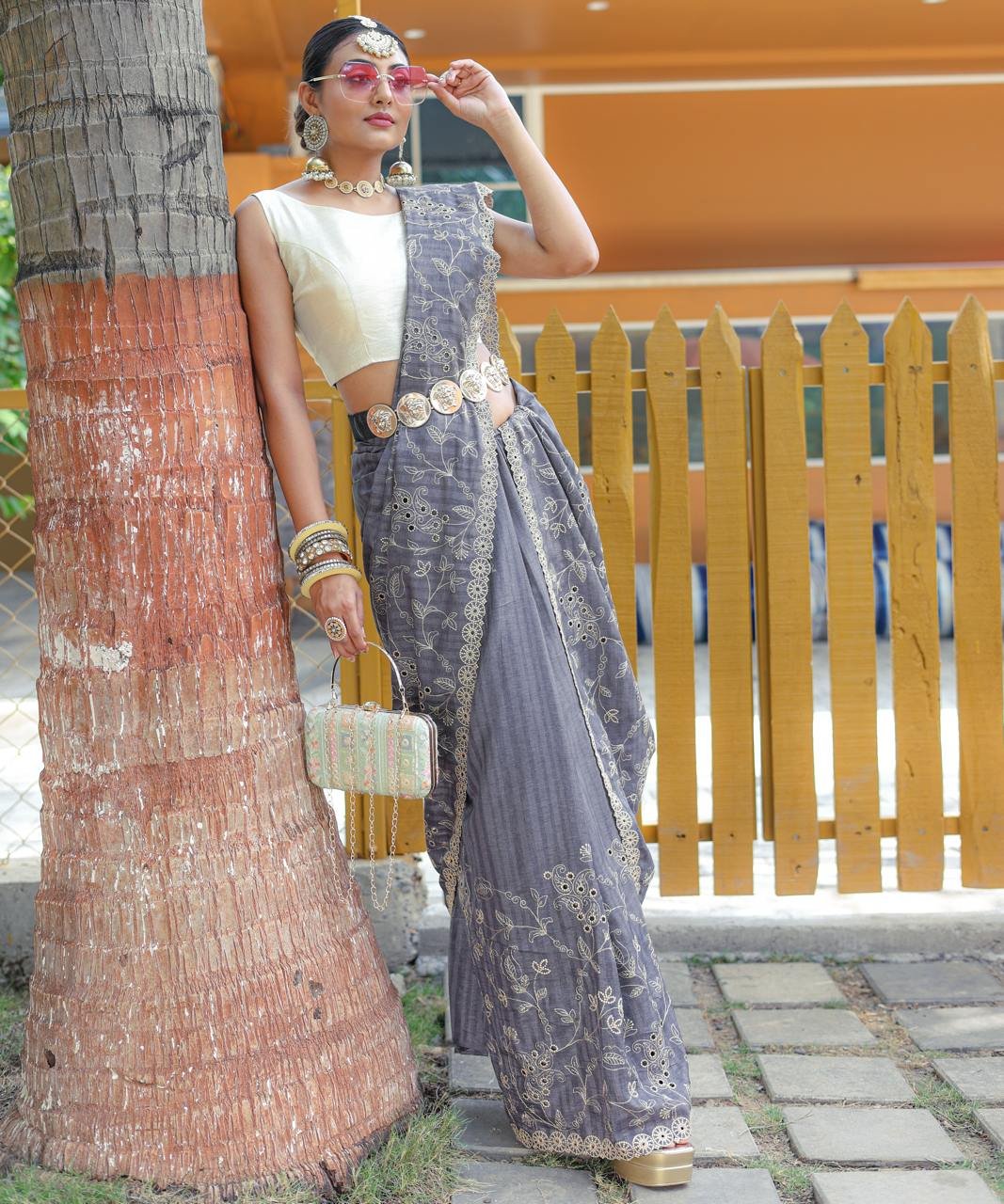 Women's Royal Prussian Blue Georgette Saree with Intricate Silver Thread & Mirror Work Embroidery – Perfect for Festive & Wedding Celebrations - Image 16