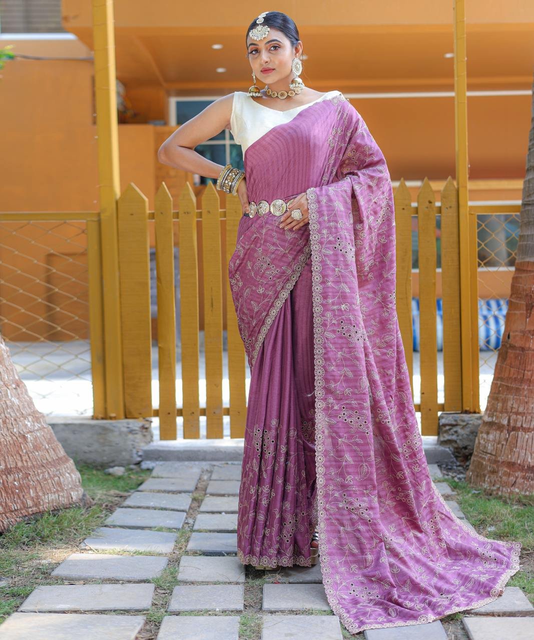 Women's Royal Prussian Blue Georgette Saree with Intricate Silver Thread & Mirror Work Embroidery – Perfect for Festive & Wedding Celebrations - Image 9