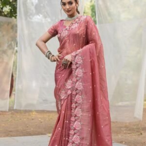 Women's Pristine White Organza Saree with Exquisite Pink & Green Floral Thread Embroidery – Complete with Matching Embroidered Blouse for Festive & Summer Wear