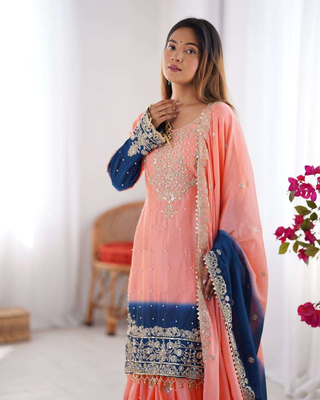 Women's Chinon Silk Sequence With Rivet Moti Work Straight Kurta With Sharara and Dupatta Set - Image 28