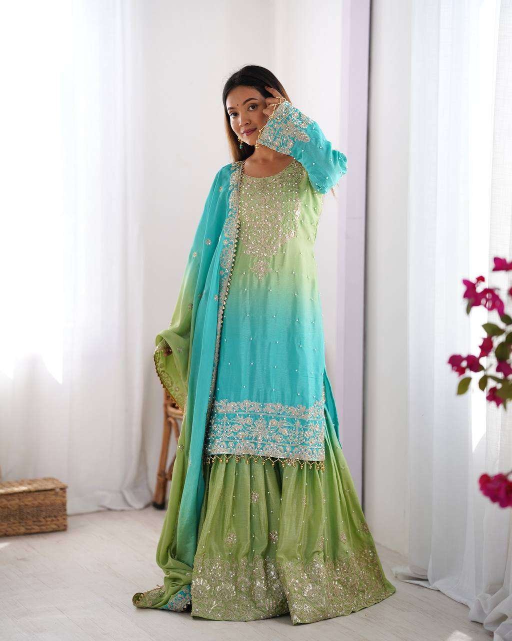 Women's Chinon Silk Sequence With Rivet Moti Work Straight Kurta With Sharara and Dupatta Set - Image 13